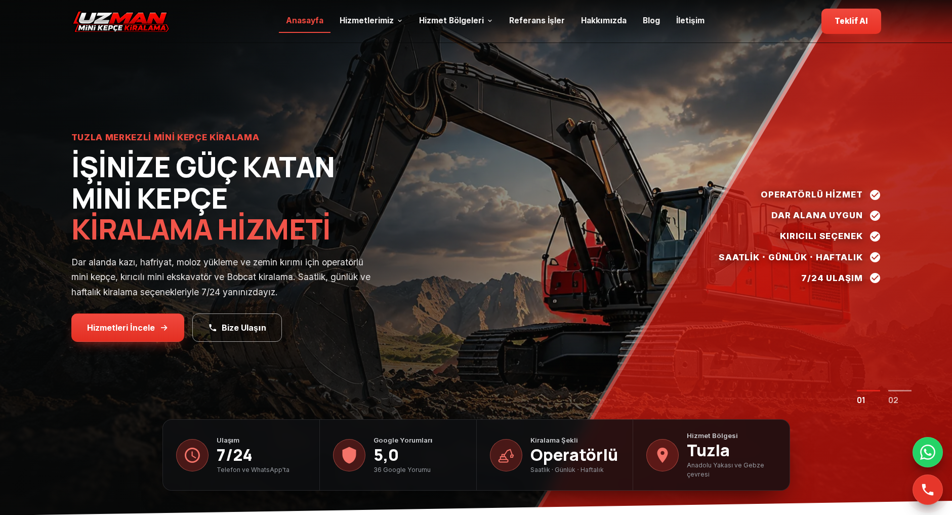 Uzman Mini Kepçe Kiralama web sitesi ekran görüntüsü