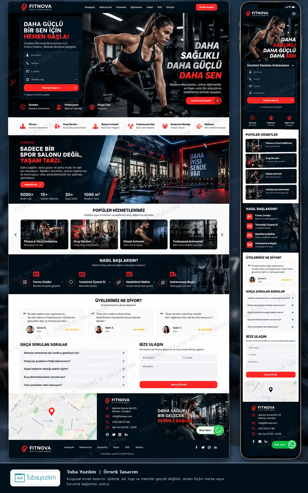 Fitness Spor Salonu için örnek web sitesi tasarımı: masaüstü ana sayfa ve mobil görünüm (kurgusal işletme, Tuba Yazılım örnek tasarımı)