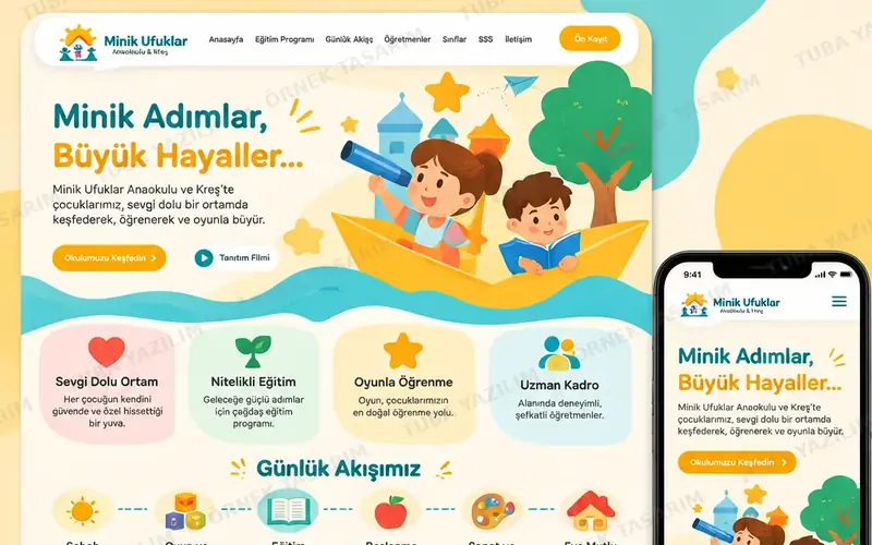 Anaokulu ve kreş için örnek web sitesi tasarımı: masaüstü ana sayfa ve mobil görünüm (kurgusal işletme, Tuba Yazılım örnek tasarımı)