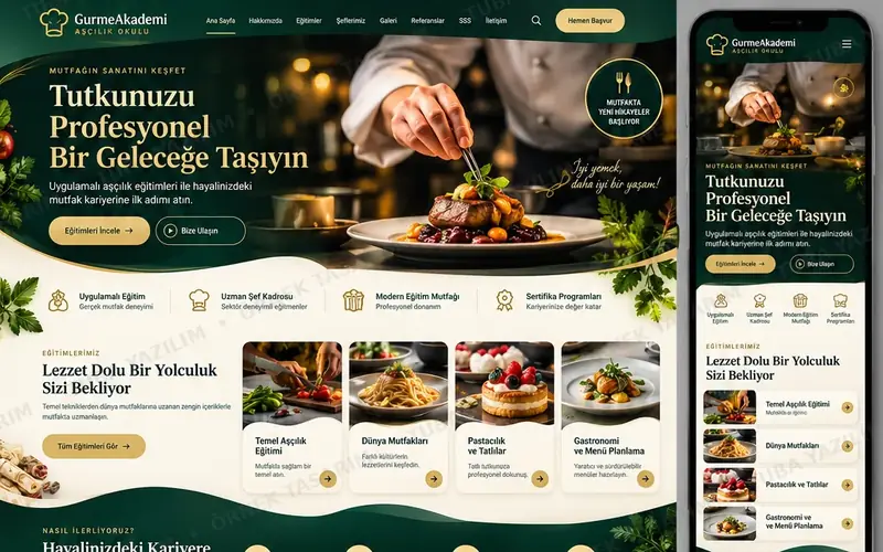 Aşçılık Eğitimi için örnek web sitesi tasarımı: masaüstü ana sayfa ve mobil görünüm (kurgusal işletme, Tuba Yazılım örnek tasarımı)
