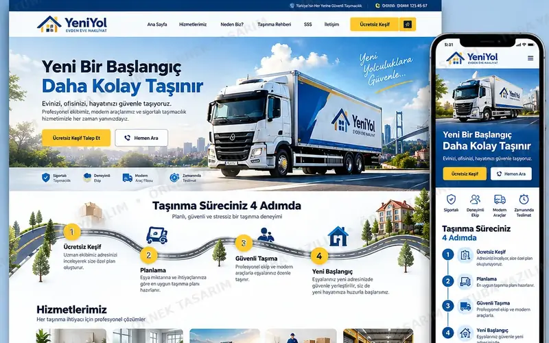 Evden eve nakliyat için örnek web sitesi tasarımı: masaüstü ana sayfa ve mobil görünüm (kurgusal işletme, Tuba Yazılım örnek tasarımı)