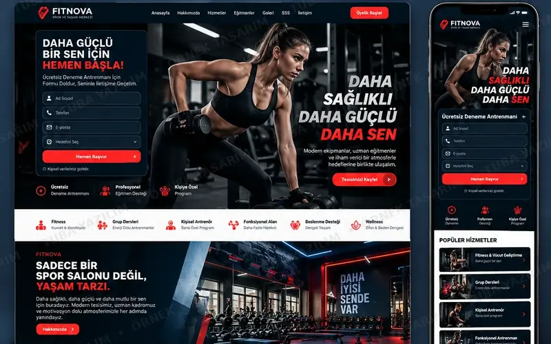 Fitness Spor Salonu için örnek web sitesi tasarımı: masaüstü ana sayfa ve mobil görünüm (kurgusal işletme, Tuba Yazılım örnek tasarımı)