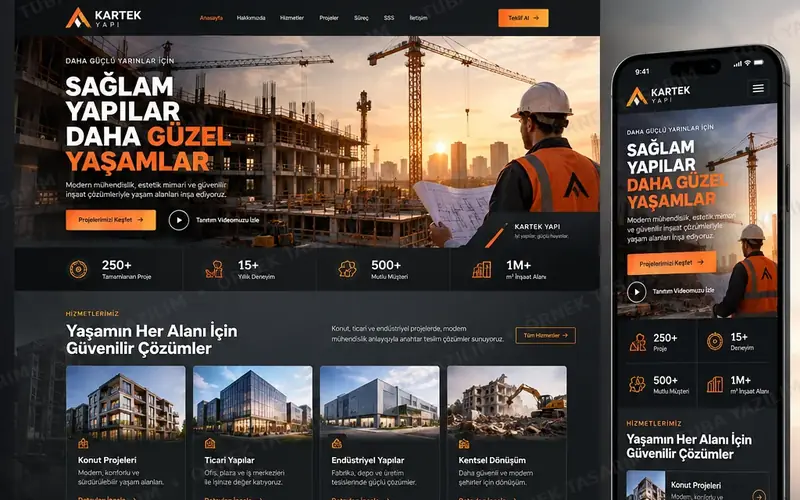 İnşaat şirketi için örnek web sitesi tasarımı: masaüstü ana sayfa ve mobil görünüm (kurgusal işletme, Tuba Yazılım örnek tasarımı)