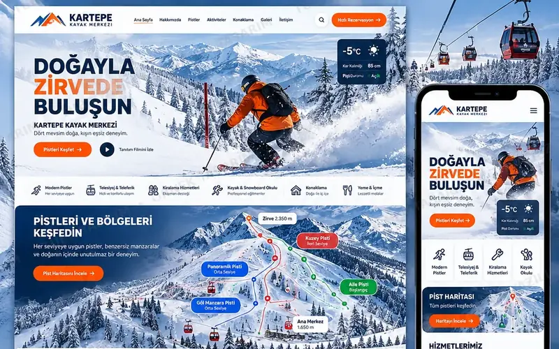 Kayak Merkezi için örnek web sitesi tasarımı: masaüstü ana sayfa ve mobil görünüm (kurgusal işletme, Tuba Yazılım örnek tasarımı)