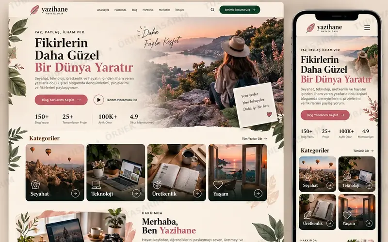 Kişisel Blog Portfolyo için örnek web sitesi tasarımı: masaüstü ana sayfa ve mobil görünüm (kurgusal işletme, Tuba Yazılım örnek tasarımı)