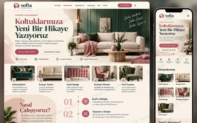 Koltuk Yatak Döşeme Tamiri için örnek web sitesi tasarımı: masaüstü ana sayfa ve mobil görünüm (kurgusal işletme, Tuba Yazılım örnek tasarımı)