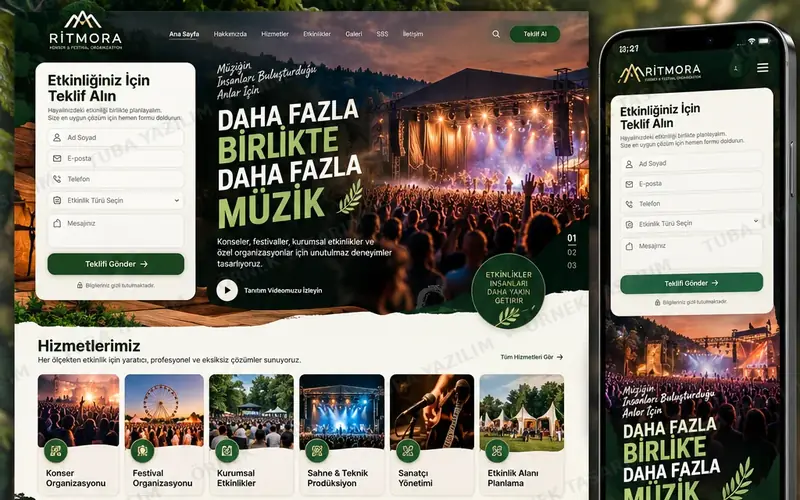 Konser Festival Organizasyon için örnek web sitesi tasarımı: masaüstü ana sayfa ve mobil görünüm (kurgusal işletme, Tuba Yazılım örnek tasarımı)