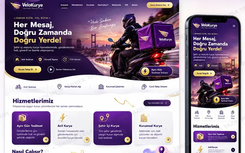 Kurye Motorlu Posta Hizmetleri için örnek web sitesi tasarımı: masaüstü ana sayfa ve mobil görünüm (kurgusal işletme, Tuba Yazılım örnek tasarımı)