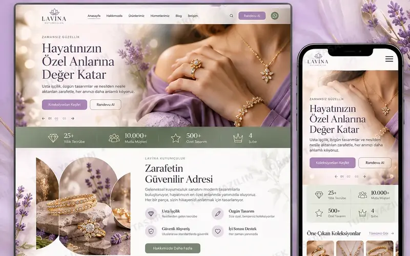 Kuyumcu için örnek web sitesi tasarımı: masaüstü ana sayfa ve mobil görünüm (kurgusal işletme, Tuba Yazılım örnek tasarımı)