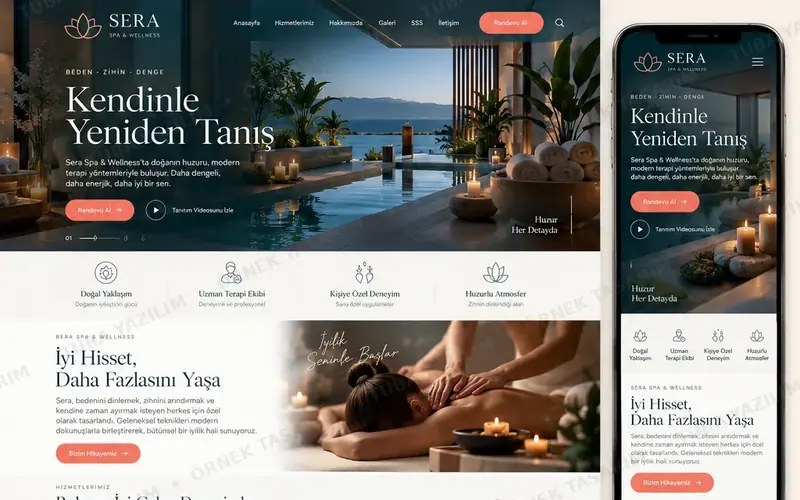 Masaj Spa Wellness Merkezi için örnek web sitesi tasarımı: masaüstü ana sayfa ve mobil görünüm (kurgusal işletme, Tuba Yazılım örnek tasarımı)