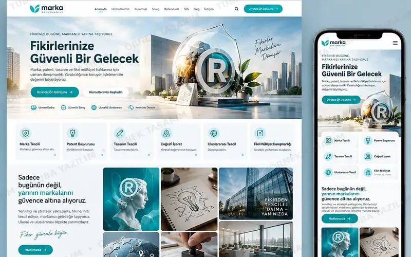 Patent Marka Danışmanlığı için örnek web sitesi tasarımı: masaüstü ana sayfa ve mobil görünüm (kurgusal işletme, Tuba Yazılım örnek tasarımı)