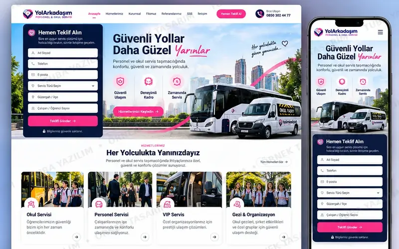 Personel Servisi Okul Servisi için örnek web sitesi tasarımı: masaüstü ana sayfa ve mobil görünüm (kurgusal işletme, Tuba Yazılım örnek tasarımı)