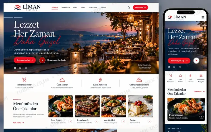 Restoran için örnek web sitesi tasarımı: masaüstü ana sayfa ve mobil görünüm (kurgusal işletme, Tuba Yazılım örnek tasarımı)