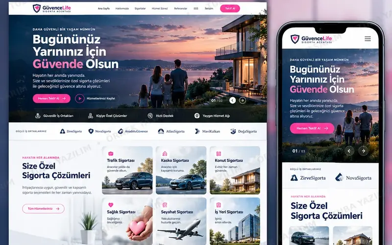 Sigorta Acentesi için örnek web sitesi tasarımı: masaüstü ana sayfa ve mobil görünüm (kurgusal işletme, Tuba Yazılım örnek tasarımı)