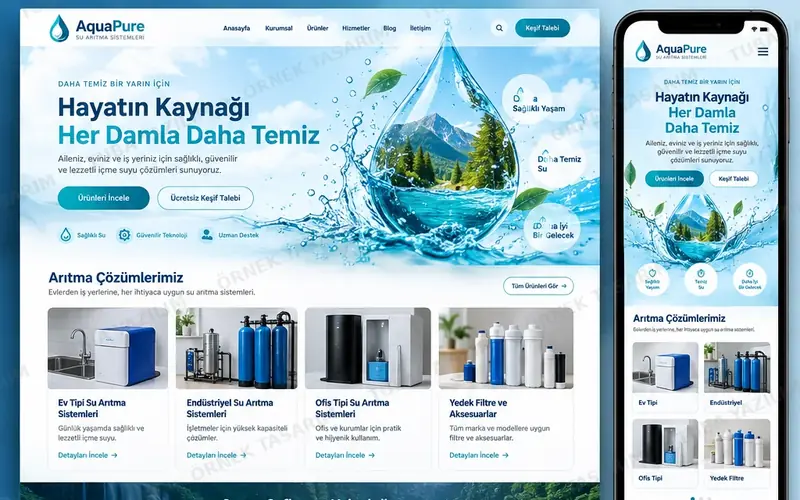 Su arıtma sistemleri için örnek web sitesi tasarımı: masaüstü ana sayfa ve mobil görünüm (kurgusal işletme, Tuba Yazılım örnek tasarımı)