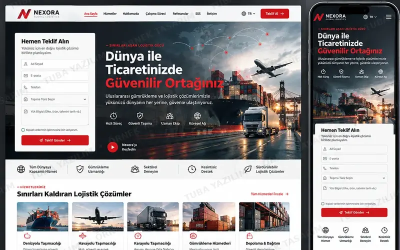 Uluslararası Gümrükleme Lojistik için örnek web sitesi tasarımı: masaüstü ana sayfa ve mobil görünüm (kurgusal işletme, Tuba Yazılım örnek tasarımı)