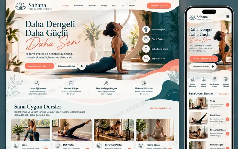Yoga Pilates Stüdyosu için örnek web sitesi tasarımı: masaüstü ana sayfa ve mobil görünüm (kurgusal işletme, Tuba Yazılım örnek tasarımı)