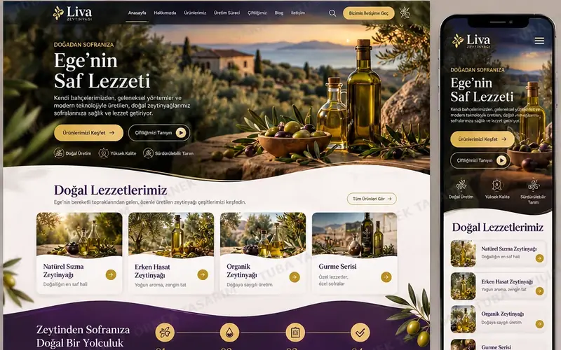 Zeytinyağı Üretimi için örnek web sitesi tasarımı: masaüstü ana sayfa ve mobil görünüm (kurgusal işletme, Tuba Yazılım örnek tasarımı)