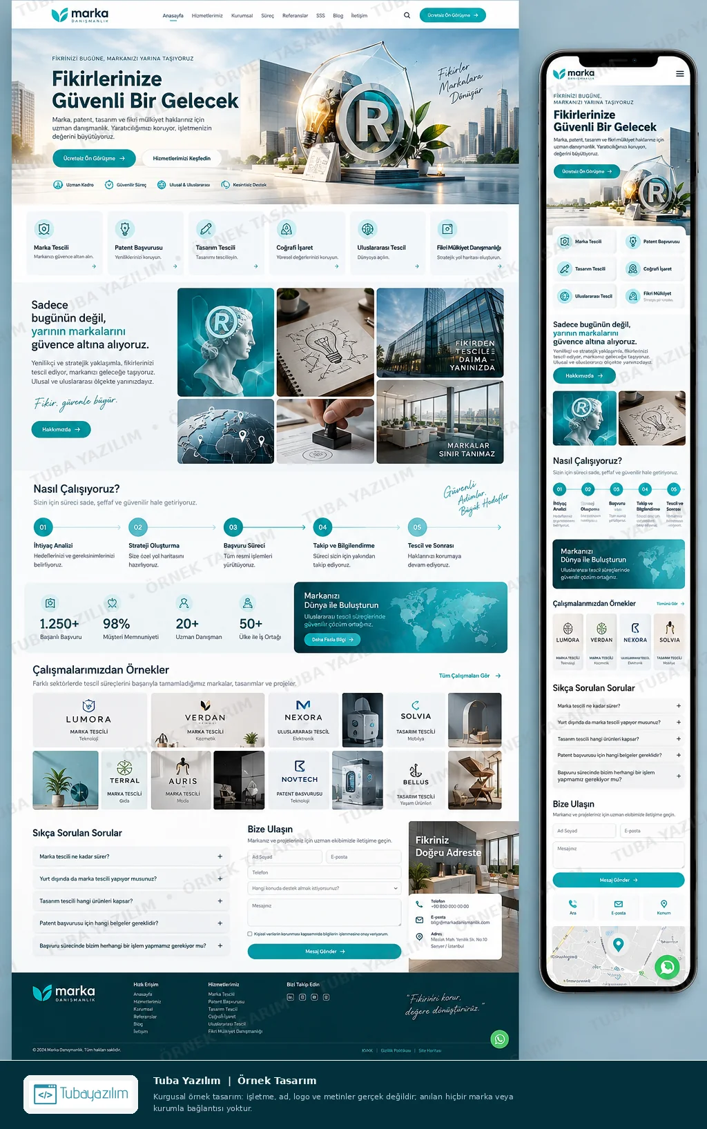 Patent Marka Danışmanlığı için örnek web sitesi tasarımı: masaüstü ana sayfa ve mobil görünüm (kurgusal işletme, Tuba Yazılım örnek tasarımı)