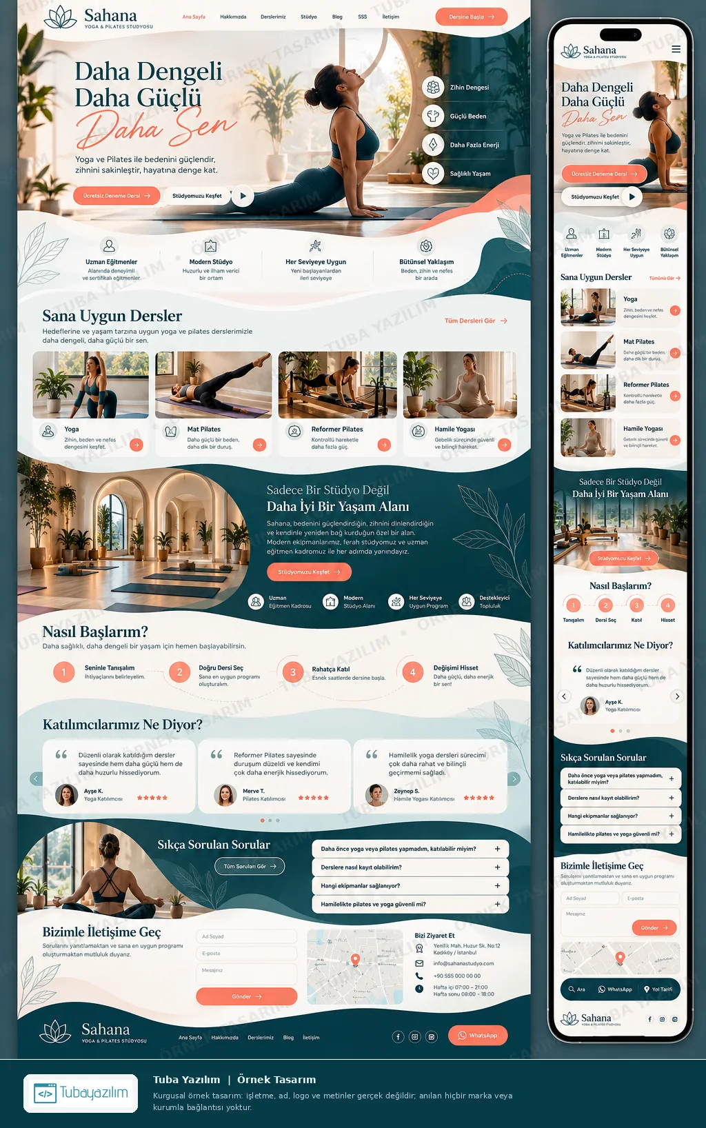 Yoga Pilates Stüdyosu için örnek web sitesi tasarımı: masaüstü ana sayfa ve mobil görünüm (kurgusal işletme, Tuba Yazılım örnek tasarımı)